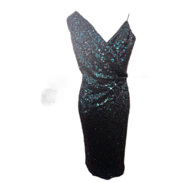 Badgley Mischka Sequin Cocktail Dress Sz 6 Teal Blue V-Neck Sleeveless Party - Picture 4 of 13
